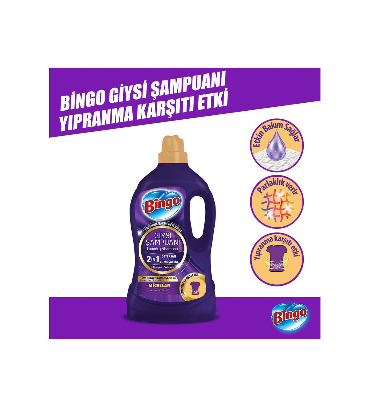 BINGO GİYSİ ŞAMPUANI 2'Sİ 1 ARADA YIPRANMA KARŞITI 3 LT